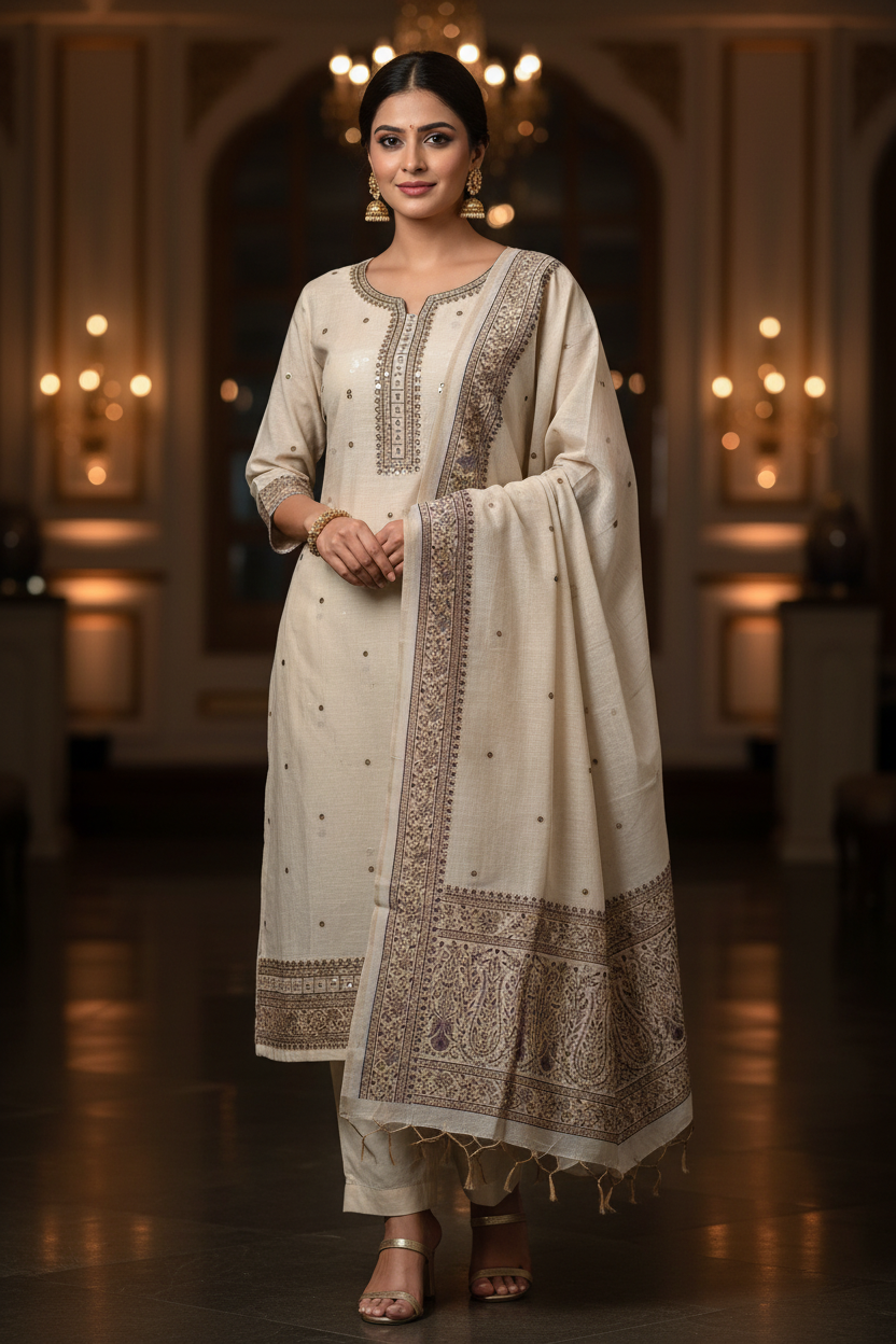 IVORY LILAC KHADI CHANDERI JAMDHANI SUIT