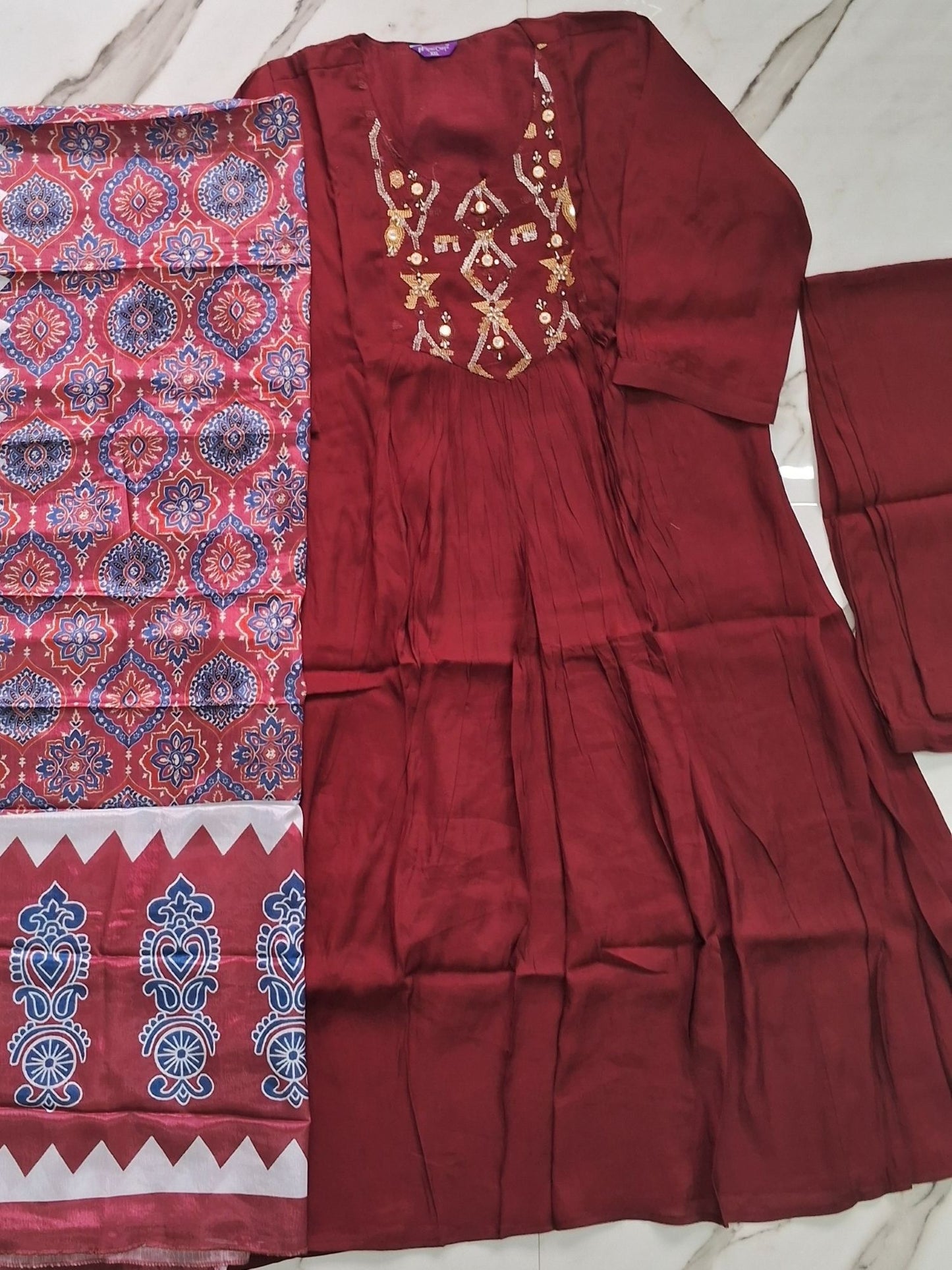 MAROON MUL CHANDERI SUIT SET