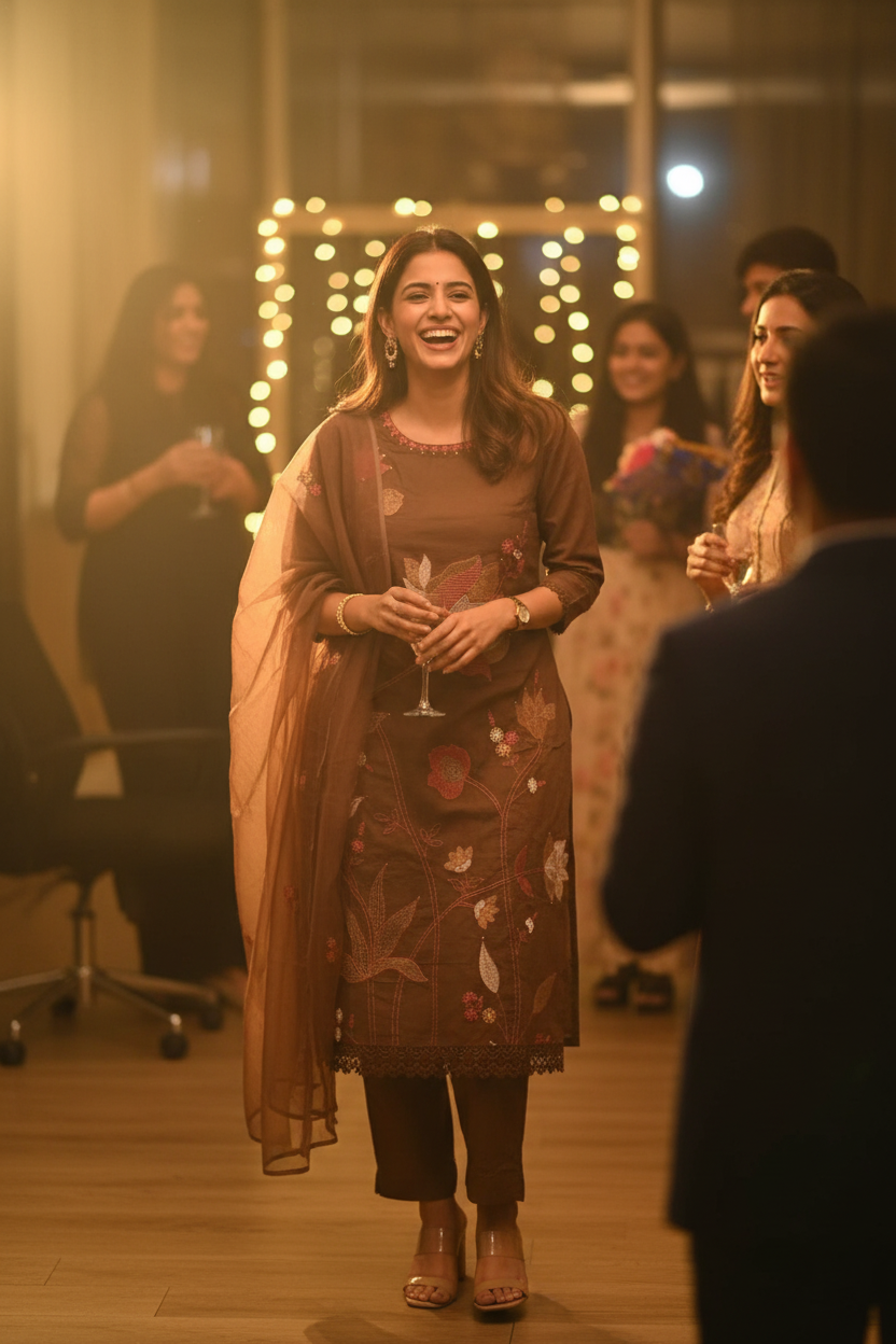 MOCHA BROWN MUL COTTON EMBROIDERED SUIT
