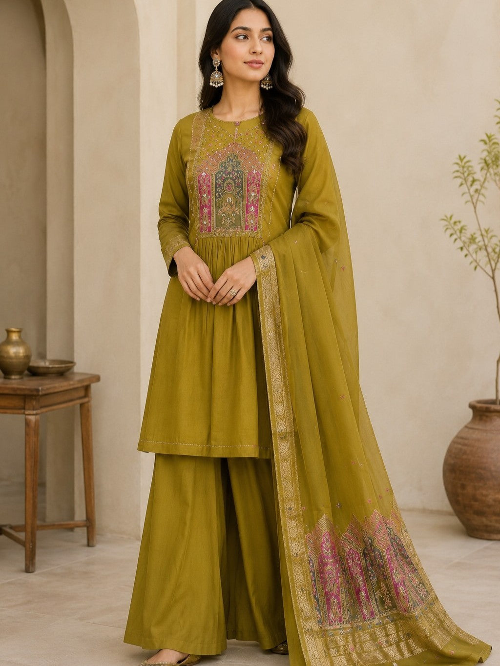 OLIVE GOLD JAMDHANI SUIT SET