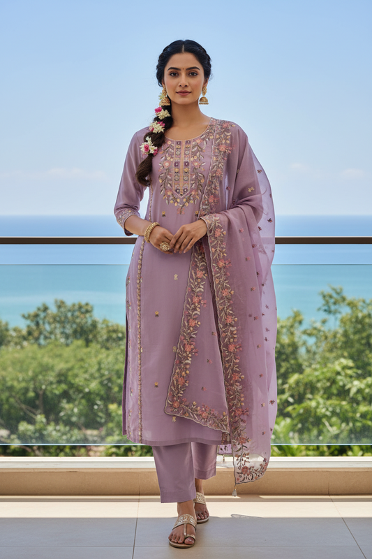 LILAC  EMBROIDERED COTTON  SUIT
