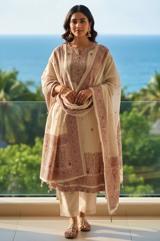 IVORY MAUVE KHADI CHANDERI JAMDHANI SUIT