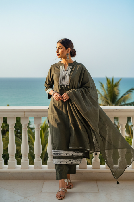 A woman models an olive green mul cotton ready to wear suit set with white geometric embroidery, standing on a white balcony with a tropical ocean and palm trees in the background.