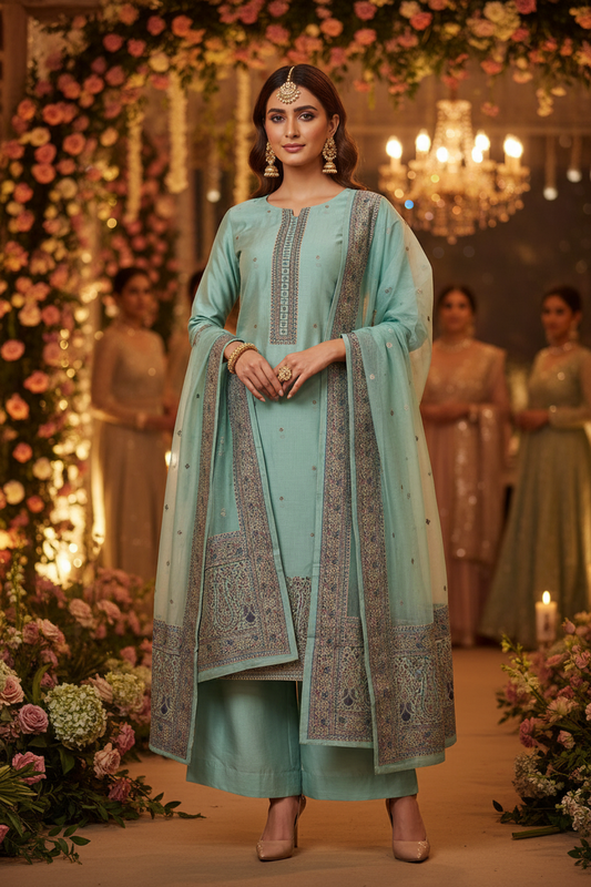 MINT BLUE KHADI CHANDERI JAMDHANI SUIT