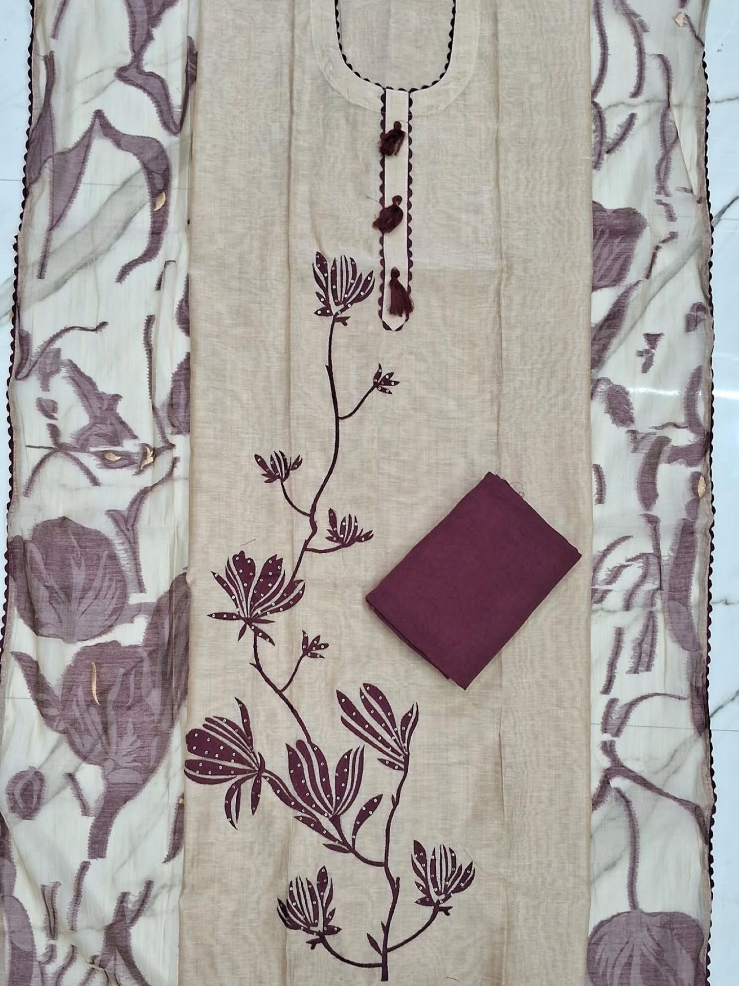 BEIGE MAROON JAMDHANI SUIT