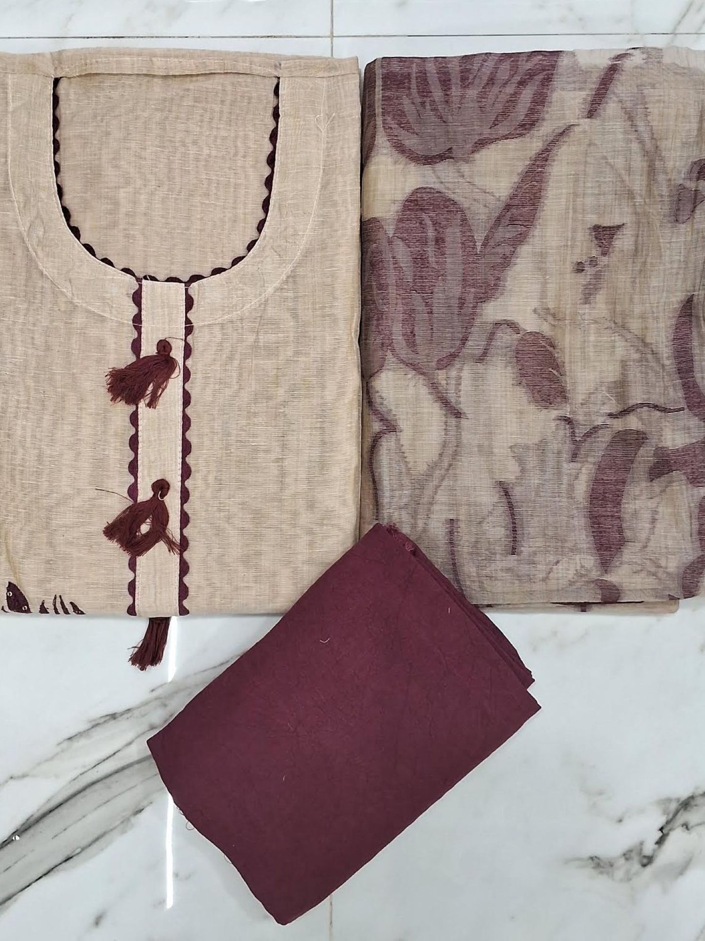 BEIGE MAROON JAMDHANI SUIT