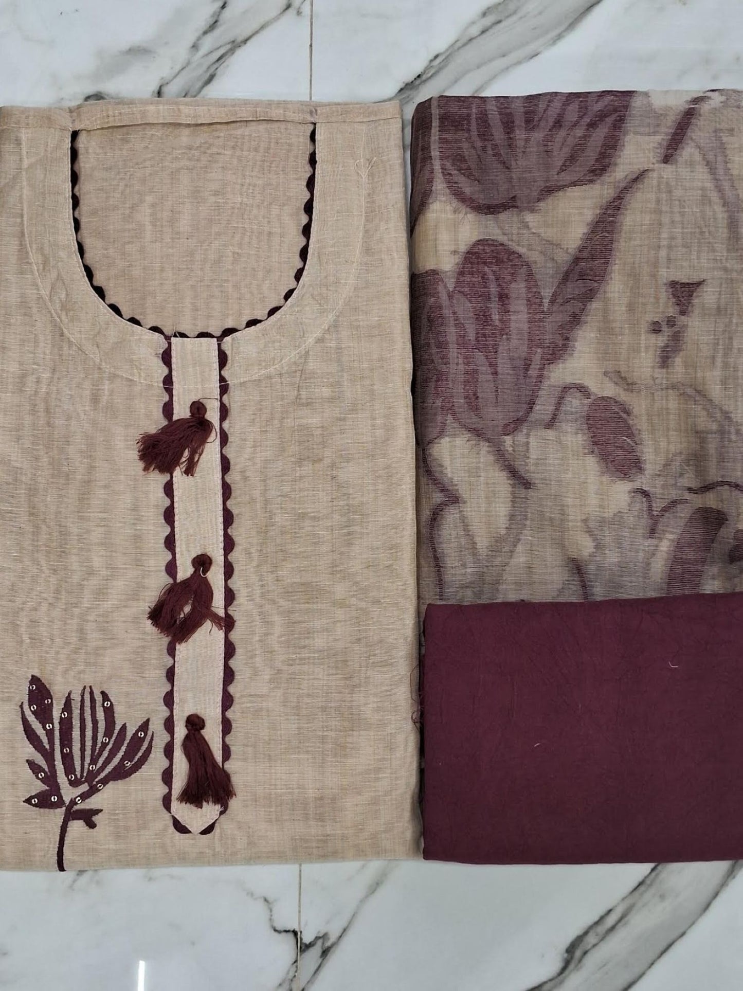 BEIGE MAROON JAMDHANI SUIT