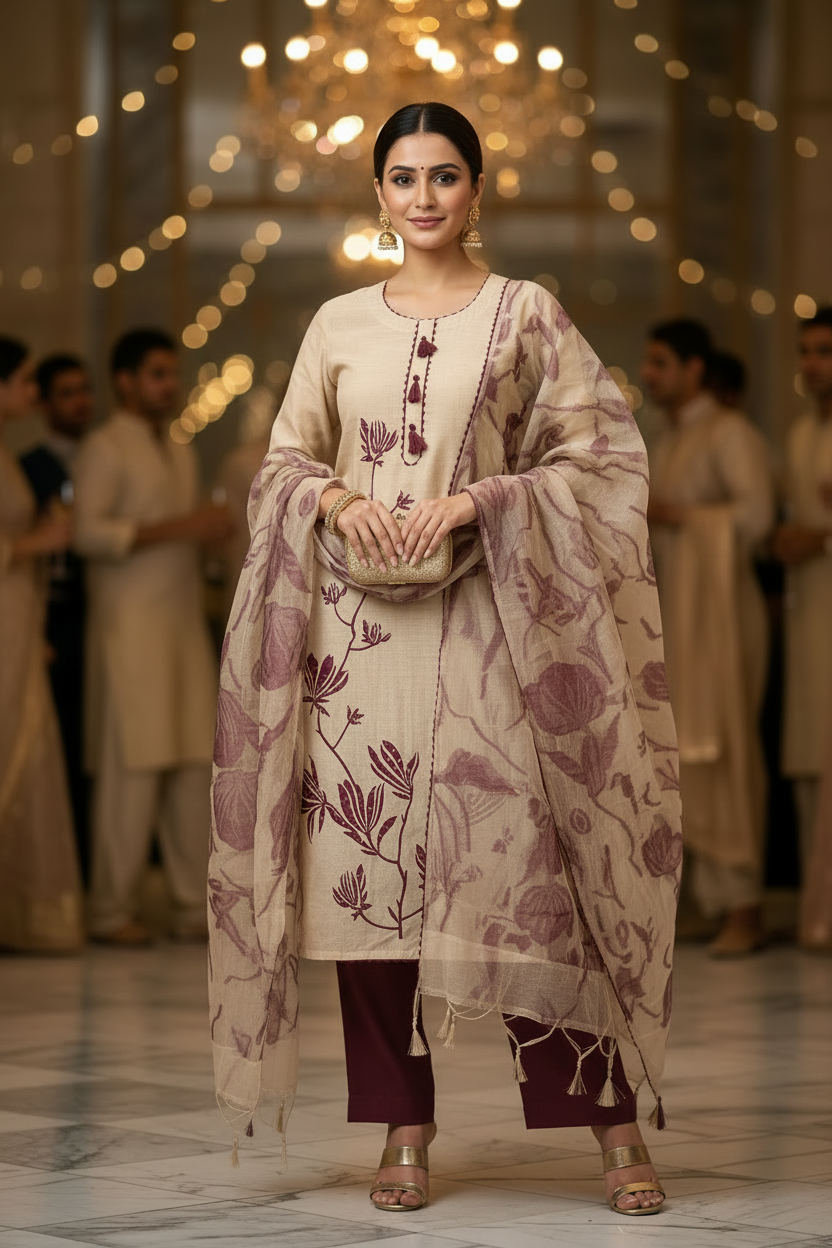 BEIGE MAROON JAMDHANI SUIT