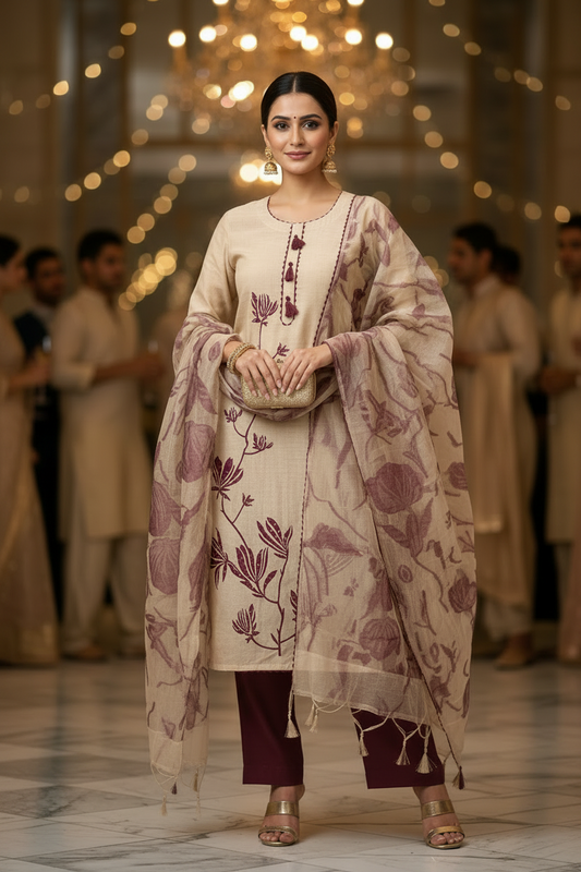 BEIGE MAROON JAMDHANI SUIT