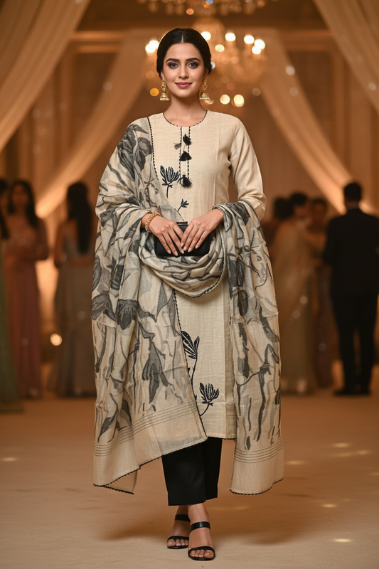 BEIGE BLACK JAMDHANI SUIT