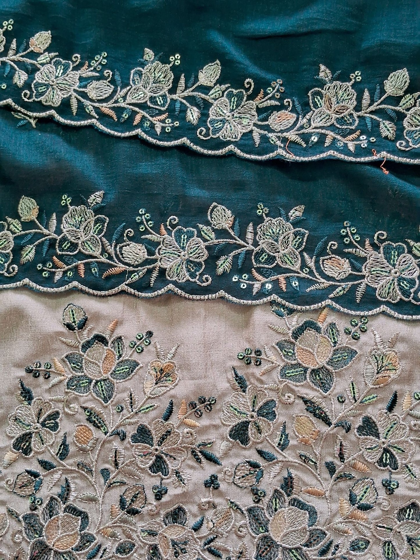 BEIGE PEACOCK SILK EMBROIDERED SUIT