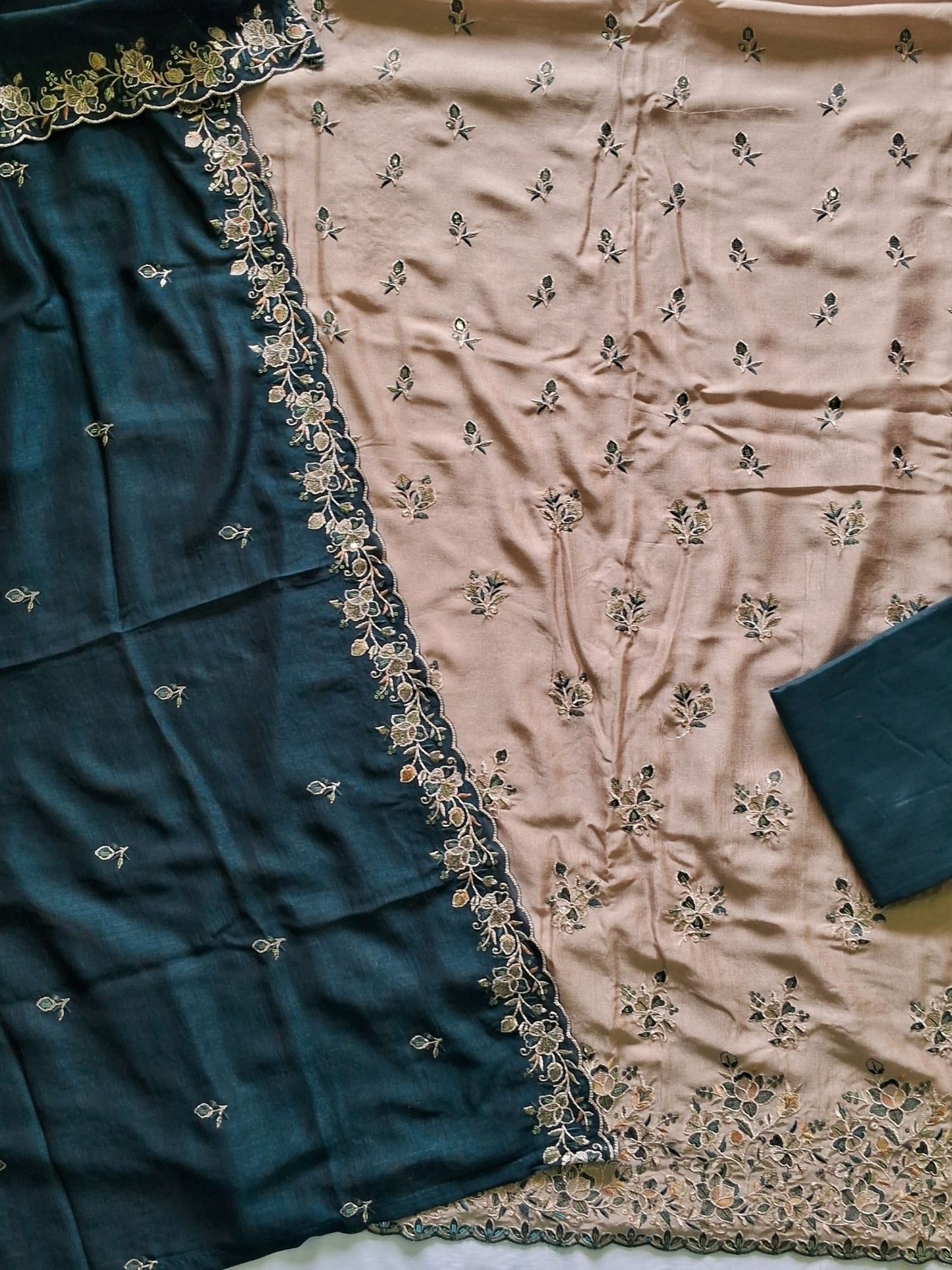 BEIGE PEACOCK SILK EMBROIDERED SUIT