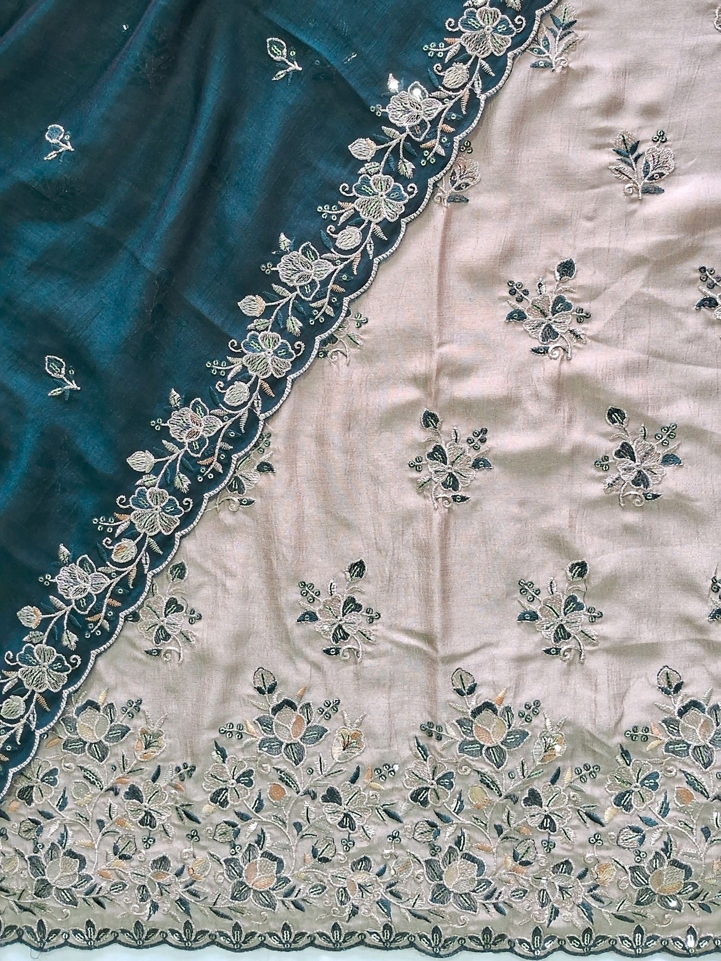 BEIGE PEACOCK SILK EMBROIDERED SUIT