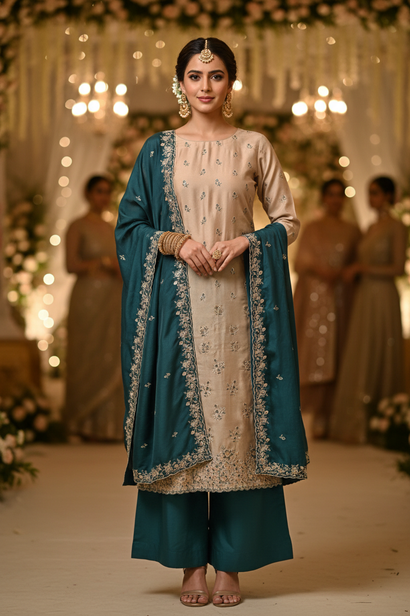 BEIGE PEACOCK SILK EMBROIDERED SUIT