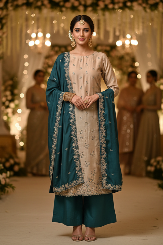 BEIGE PEACOCK SILK EMBROIDERED SUIT