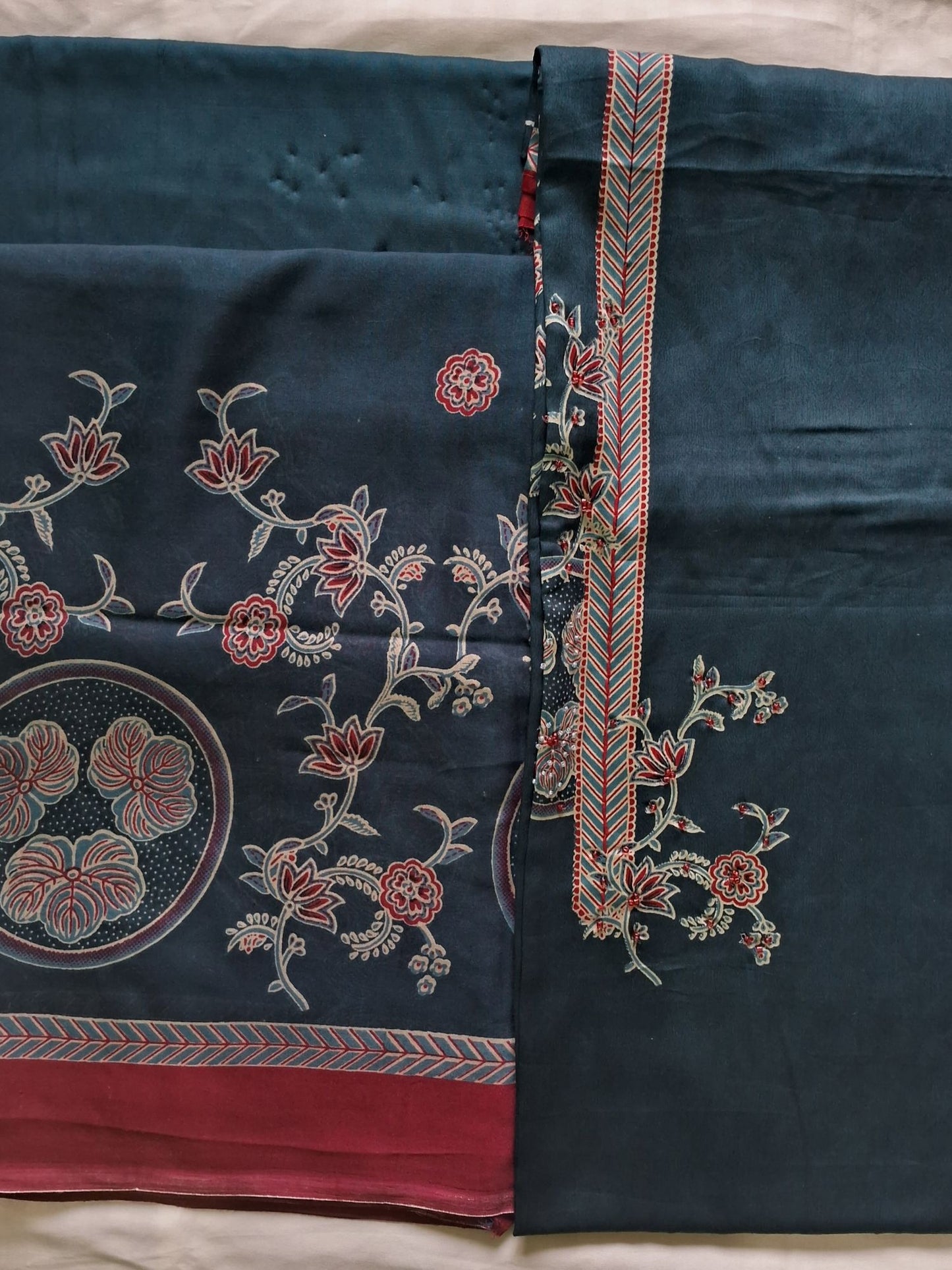 BLUE & RED PRINTED PURE COTTON SUIT