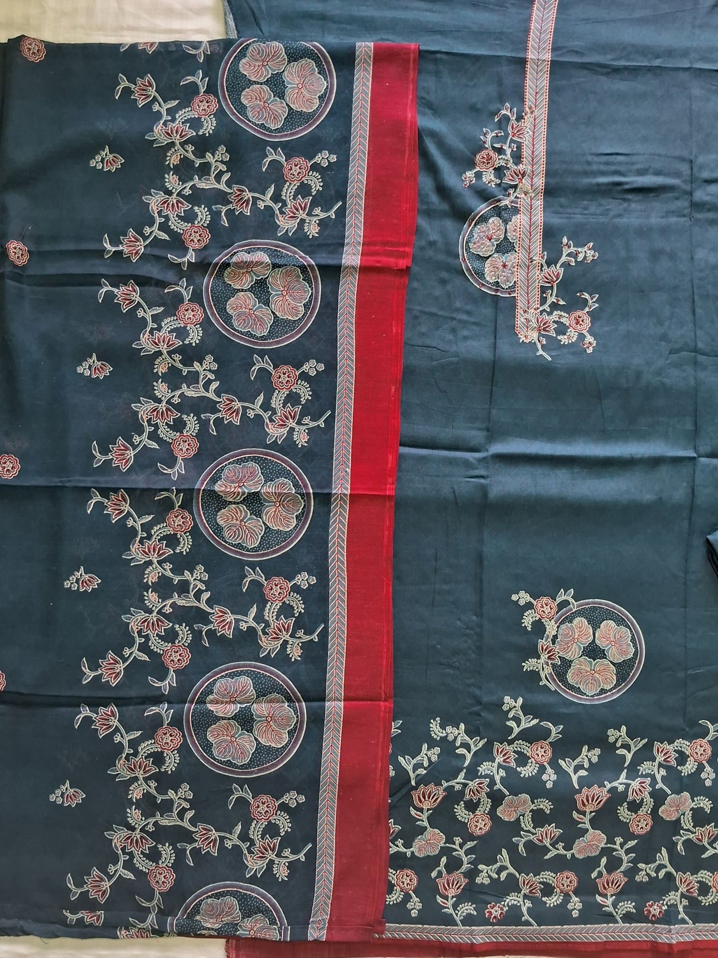 BLUE & RED PRINTED PURE COTTON SUIT