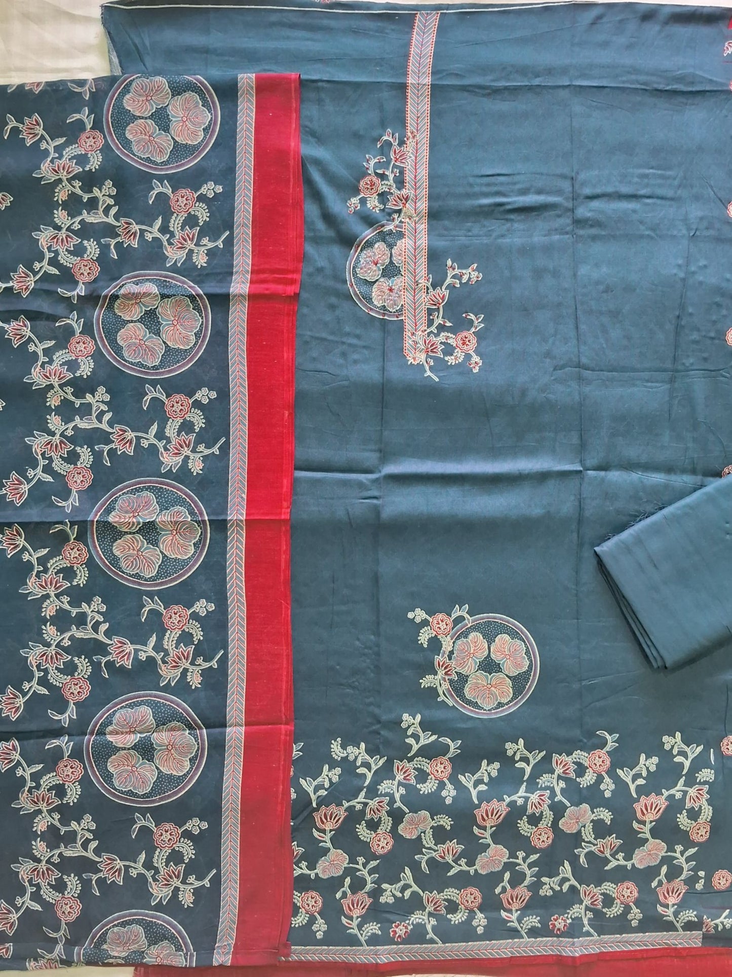 BLUE & RED PRINTED PURE COTTON SUIT