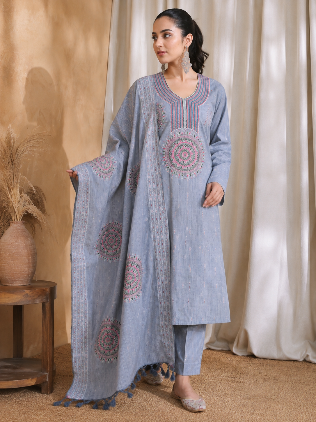 DUSTY BLUE MEERUT COTTON EMBROIDERED SUIT