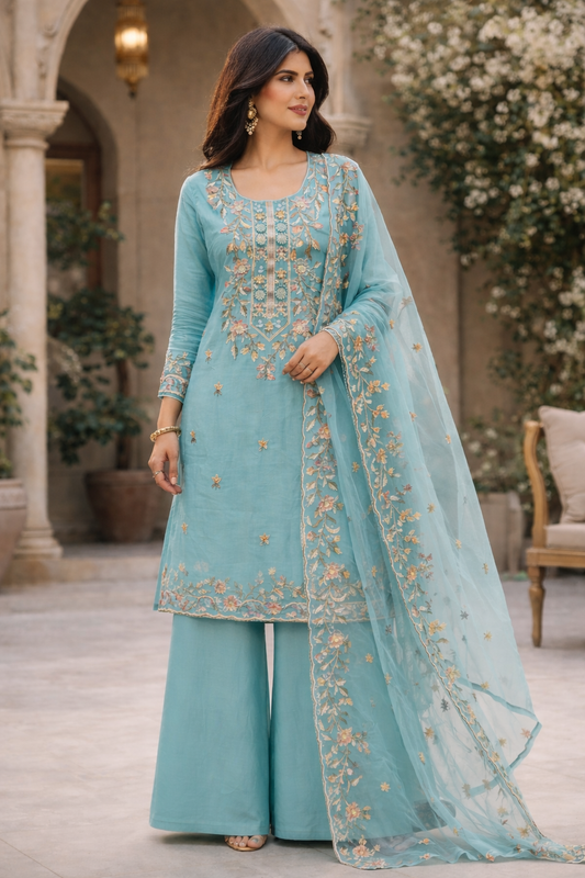 AQUA BLUE EMBROIDERED COTTON SUIT