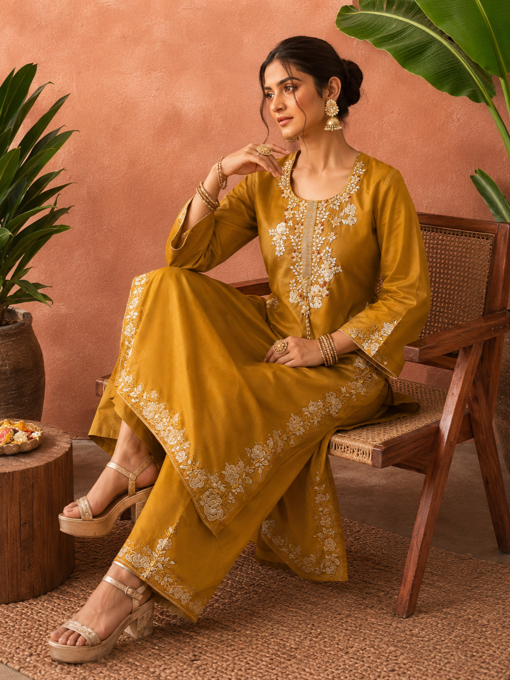 MUSTARD MUL COTTON EMBROIDERED SUIT SET