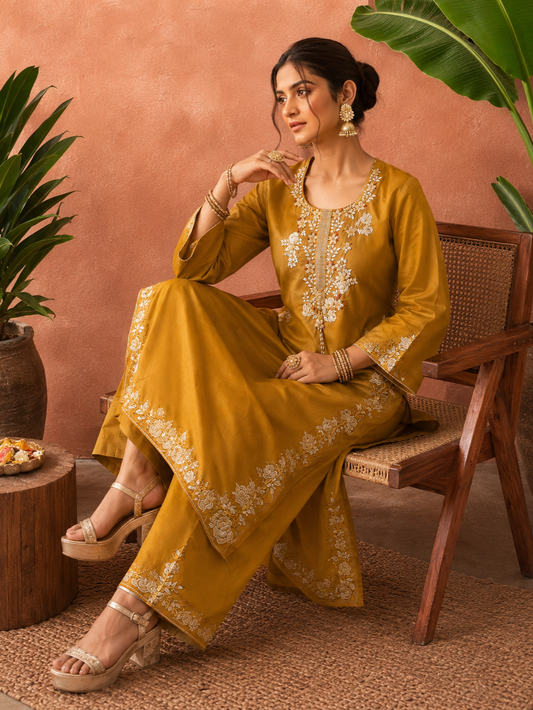 MUSTARD MUL COTTON EMBROIDERED SUIT SET