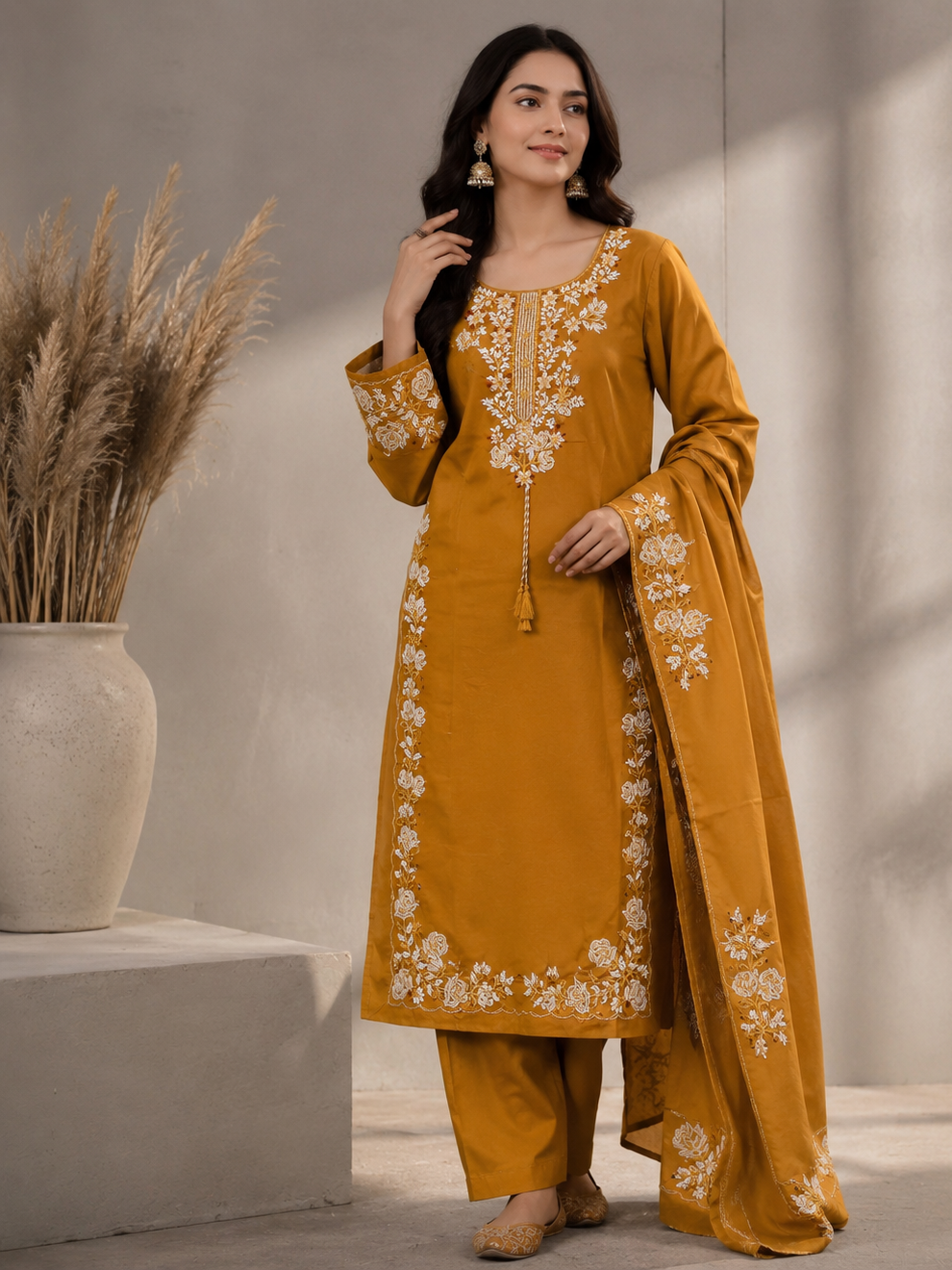 MUSTARD MUL COTTON EMBROIDERED SUIT SET