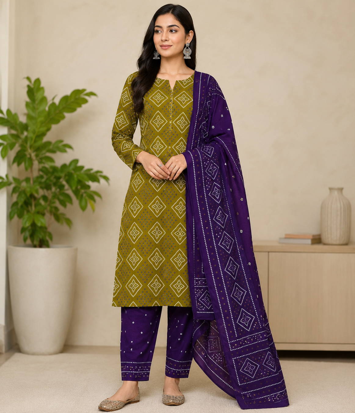 NAZAARA OLIVE PURPLE PURE COTTON SUIT