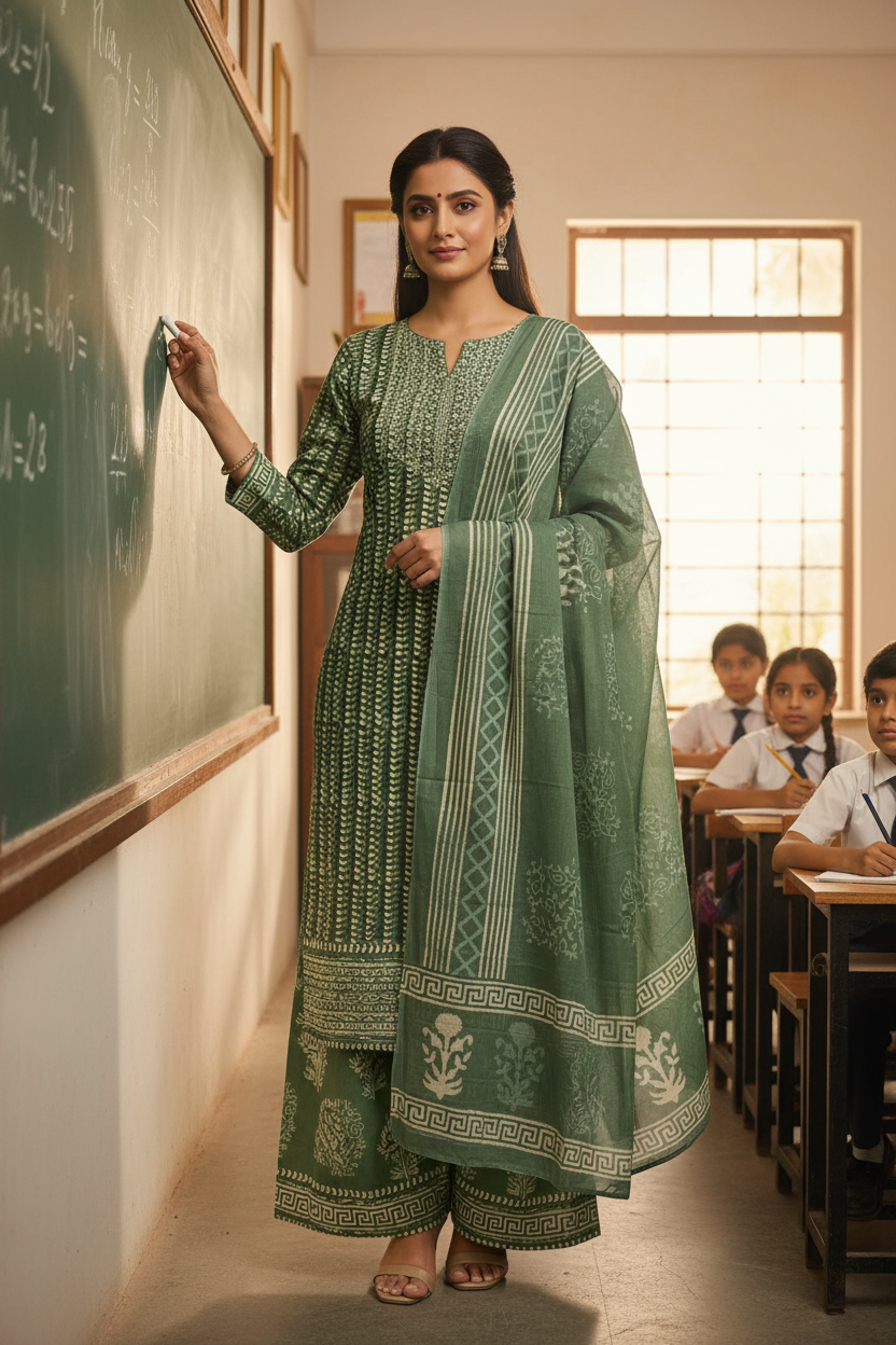 EMERALD GREEN EMBROIDERED COTTON SUIT