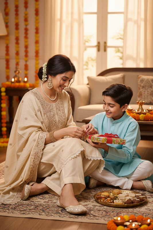 A woman in a ivory beige khadi chanderi embroidered traditional outfit and a young boy in a light blue kurta sit on a patterned rug indoors, sharing a wrapped gift box with festive decorations and sweets in the background.
