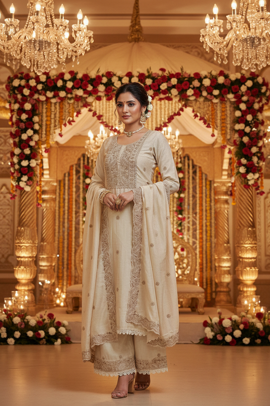 A woman stands in a decorated indoor event space wearing an ivory beige khadi chanderi traditional outfit with intricate embroidery and a matching dupatta. The background features ornate chandeliers, floral arches, and warm lighting.