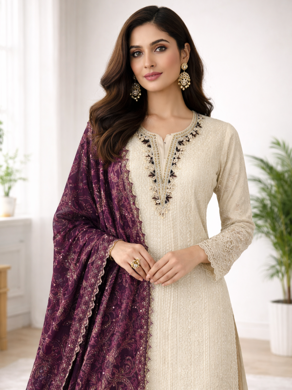 IVORY MAROON BRASSO CHIKANKARI SUIT