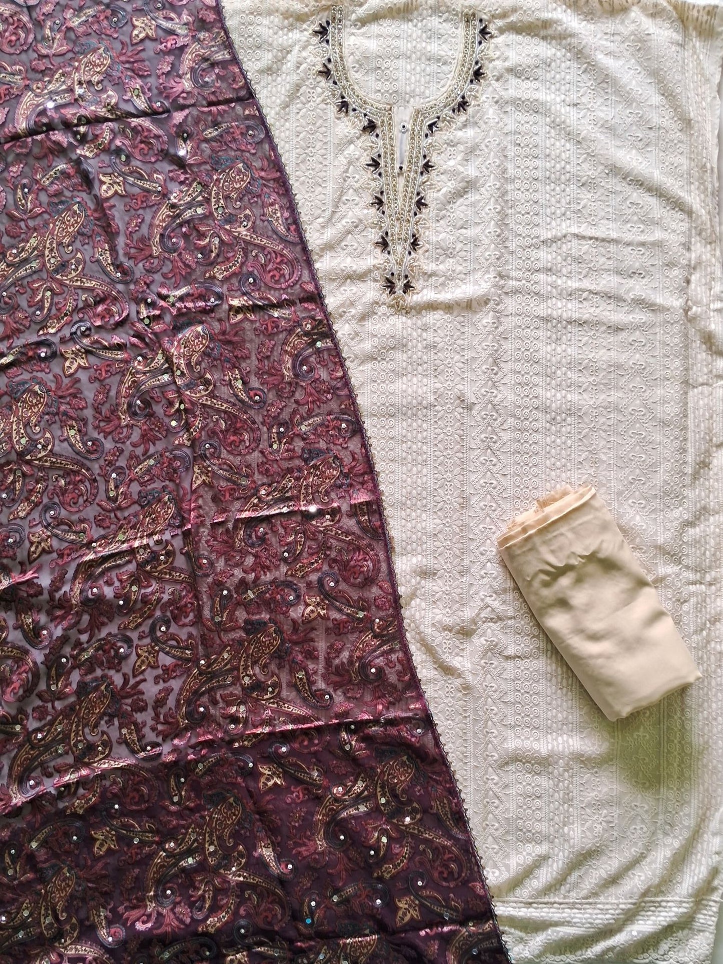 IVORY MAROON BRASSO CHIKANKARI SUIT