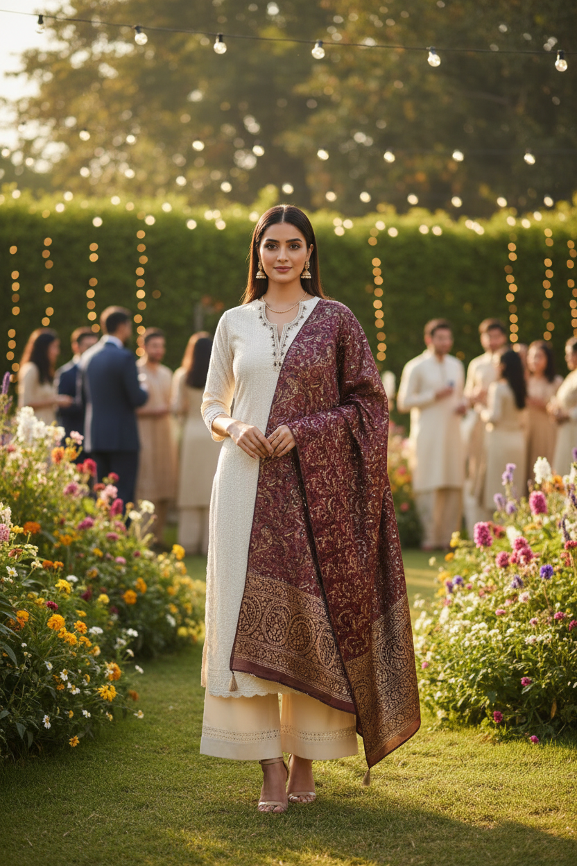 IVORY MAROON BRASSO CHIKANKARI SUIT