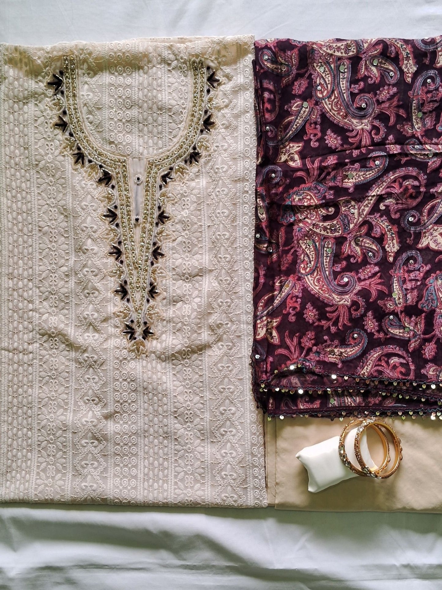IVORY MAROON BRASSO CHIKANKARI SUIT