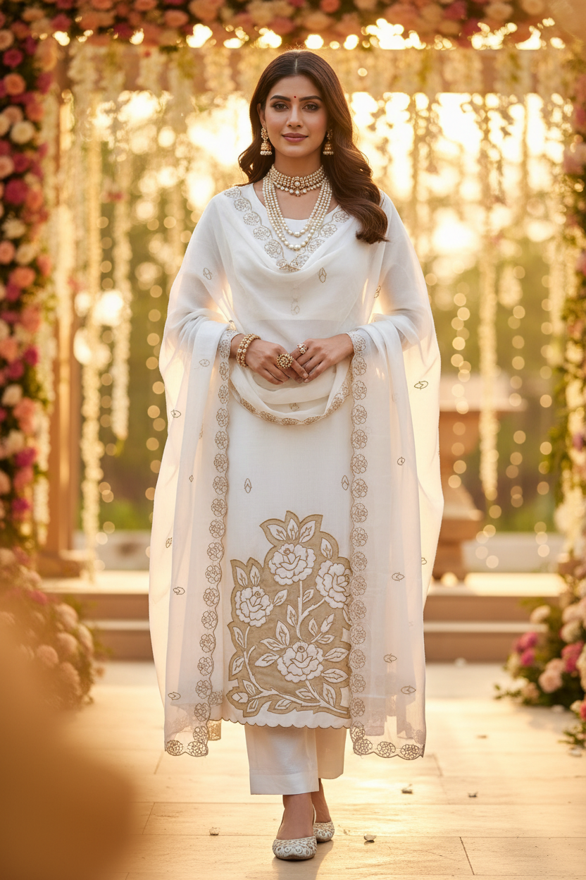 LEMON & WHITE MUL CHANDERI SUIT