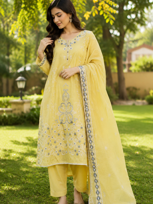 LEMON YELLOW PREMIUM MUL CHANDERI SUIT