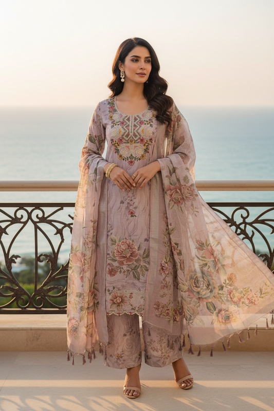LIGHT MAUVE LINEN EMBROIDERED SUIT