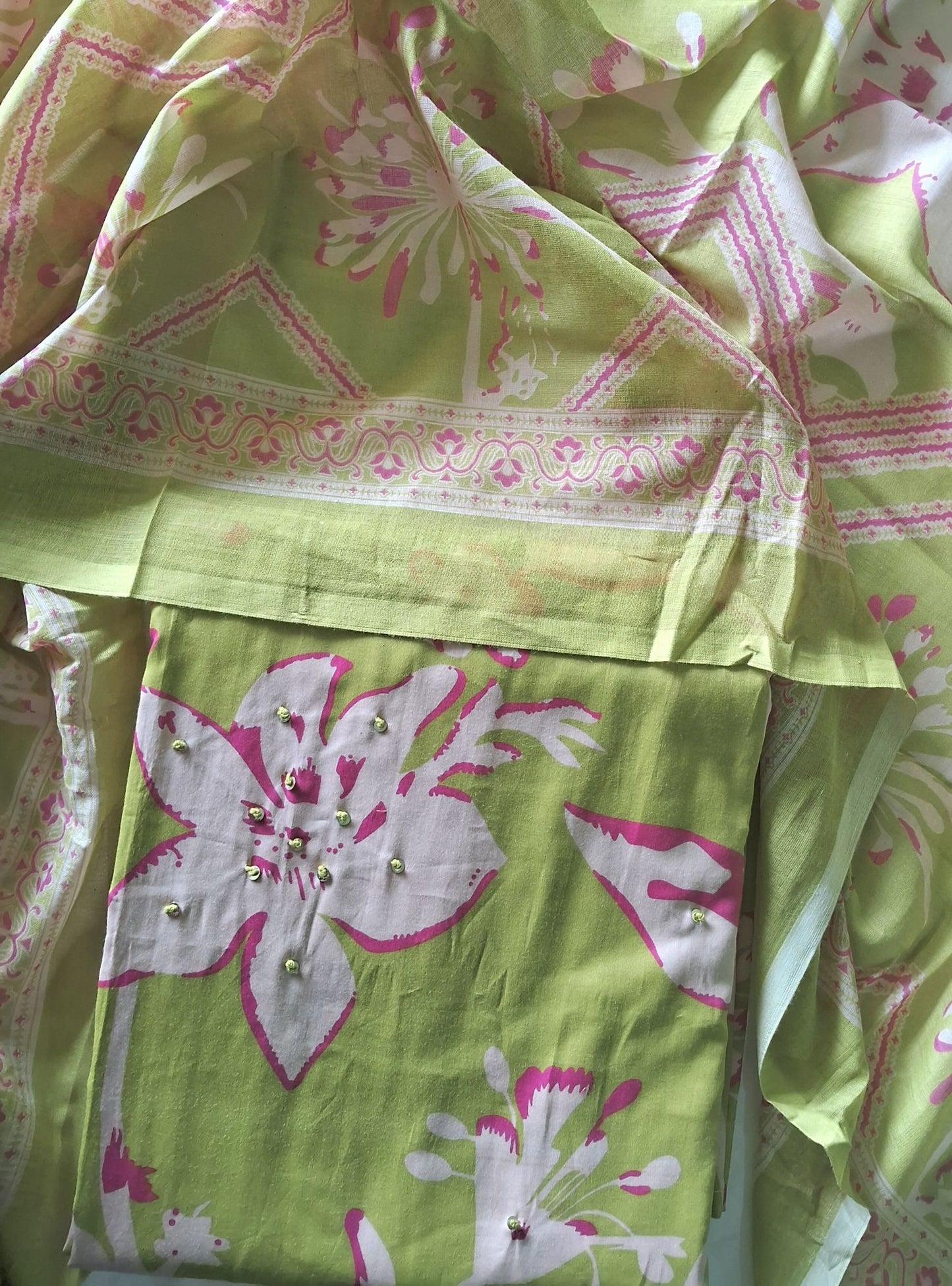 LIME GREEN FLORAL PURE COTTON SUIT