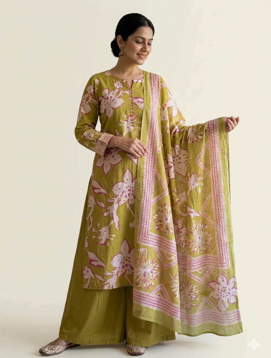 LIME GREEN FLORAL PURE COTTON SUIT