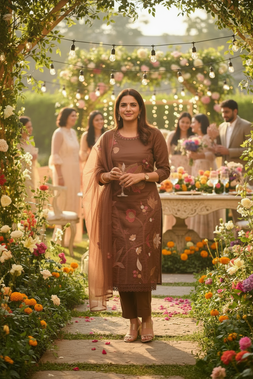 MOCHA BROWN MUL COTTON EMBROIDERED SUIT