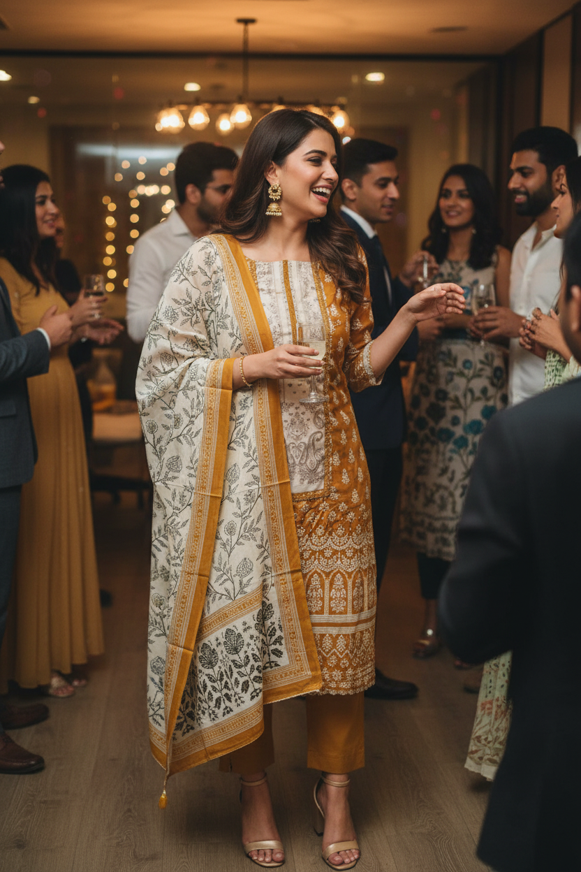 MUSTARD COTTON EMBROIDERED SUIT