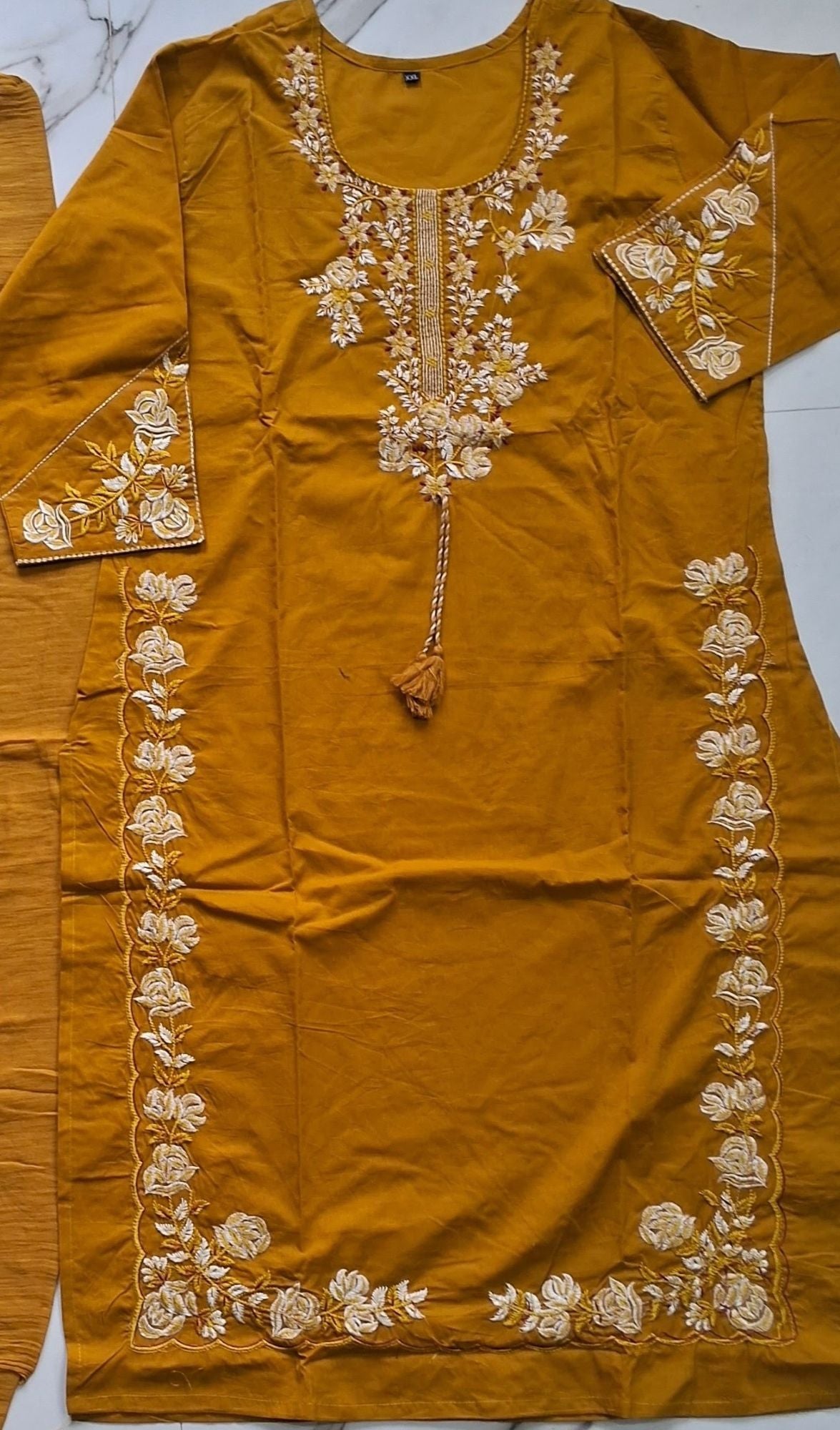 MUSTARD MUL COTTON EMBROIDERED SUIT SET