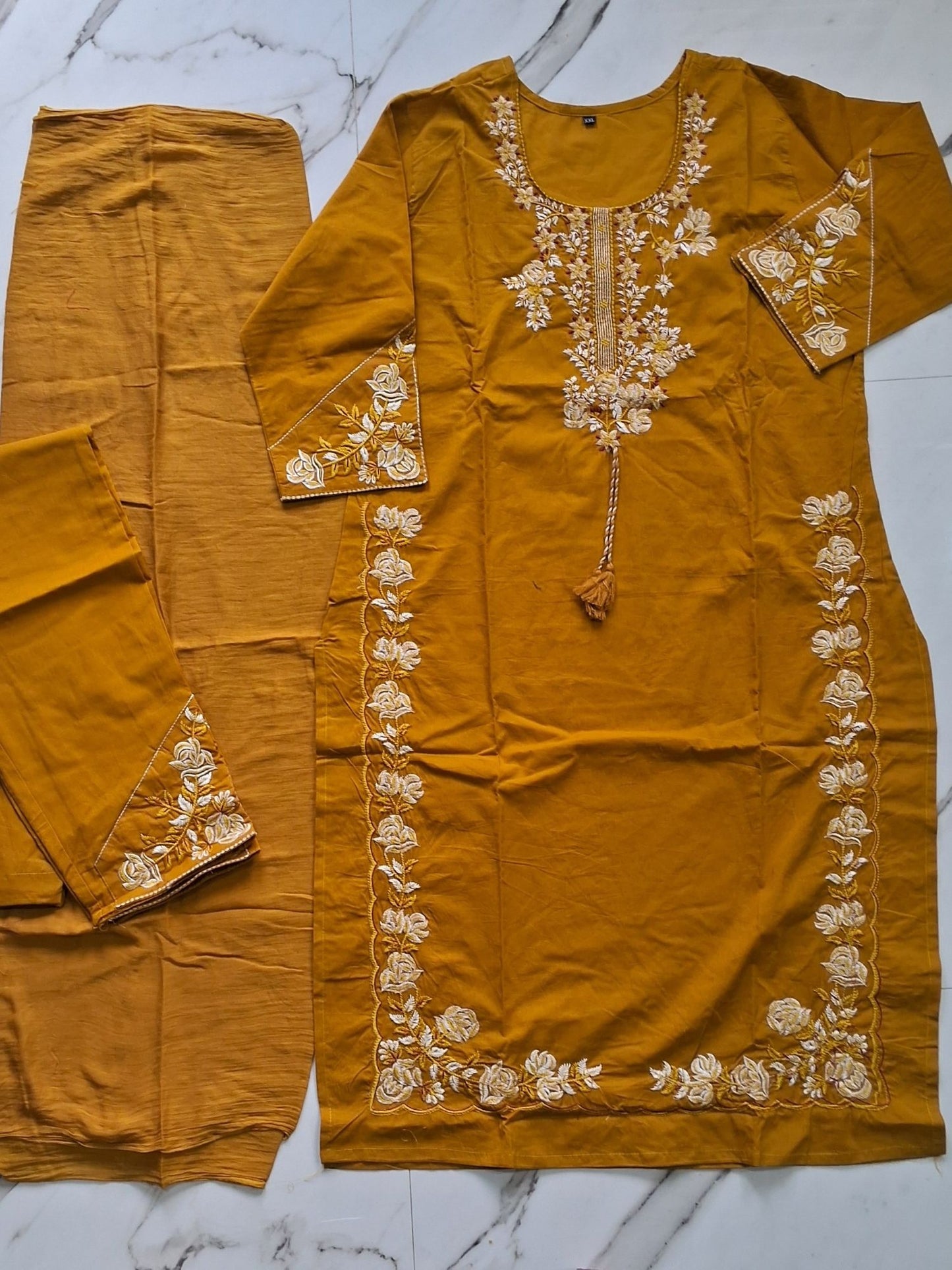 MUSTARD MUL COTTON EMBROIDERED SUIT SET