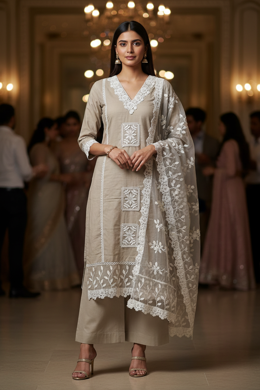 SAHAR MUTED GREY LACE WORK SUIT