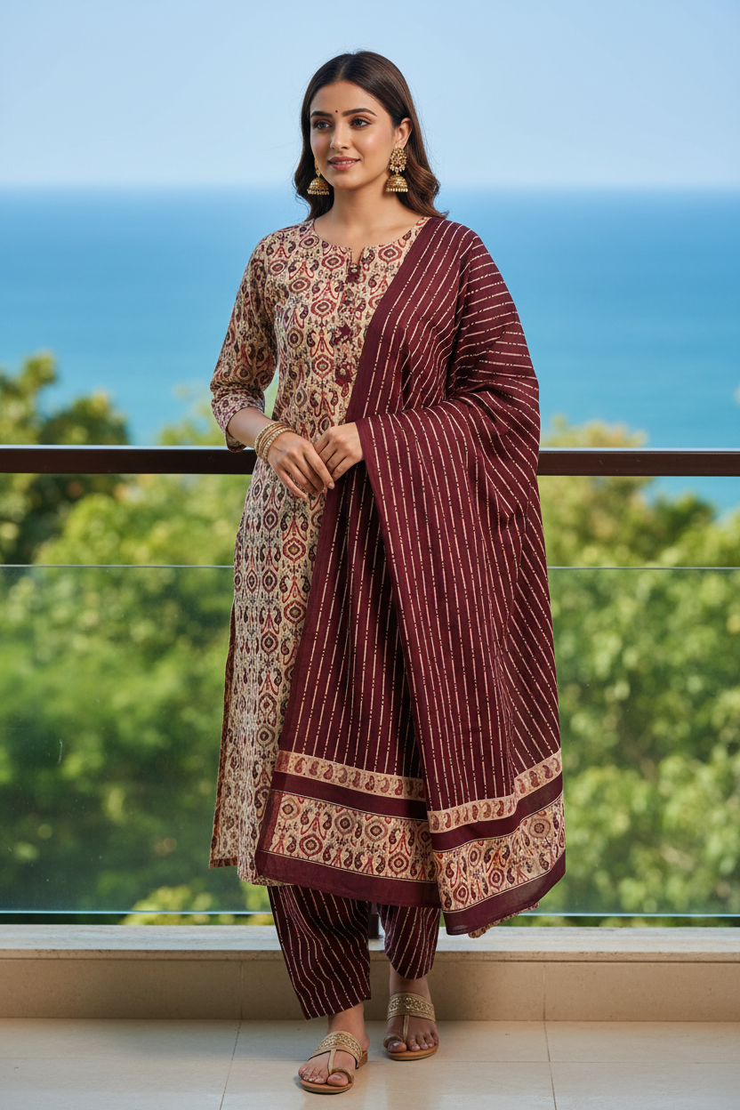 NAZAARA BEIGE MAROON PURE COTTON SUIT