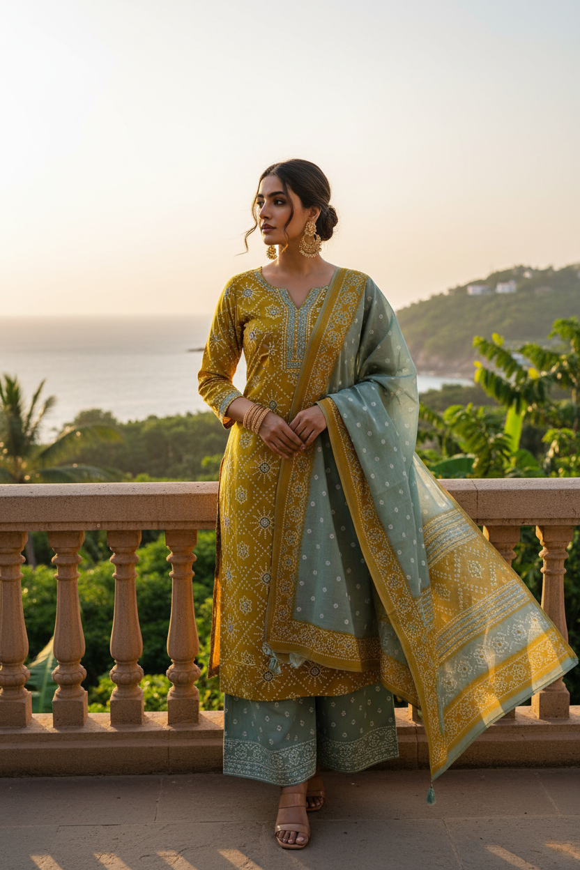 Nazaara Mustard Yellow pure cotton unstitched suit with sage green printed bottom and dupatta for women 