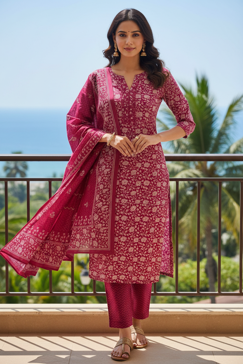 NAZAARA PINK FLORAL PURE COTTON SUIT