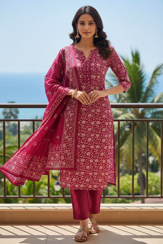 NAZAARA PINK FLORAL PURE COTTON SUIT