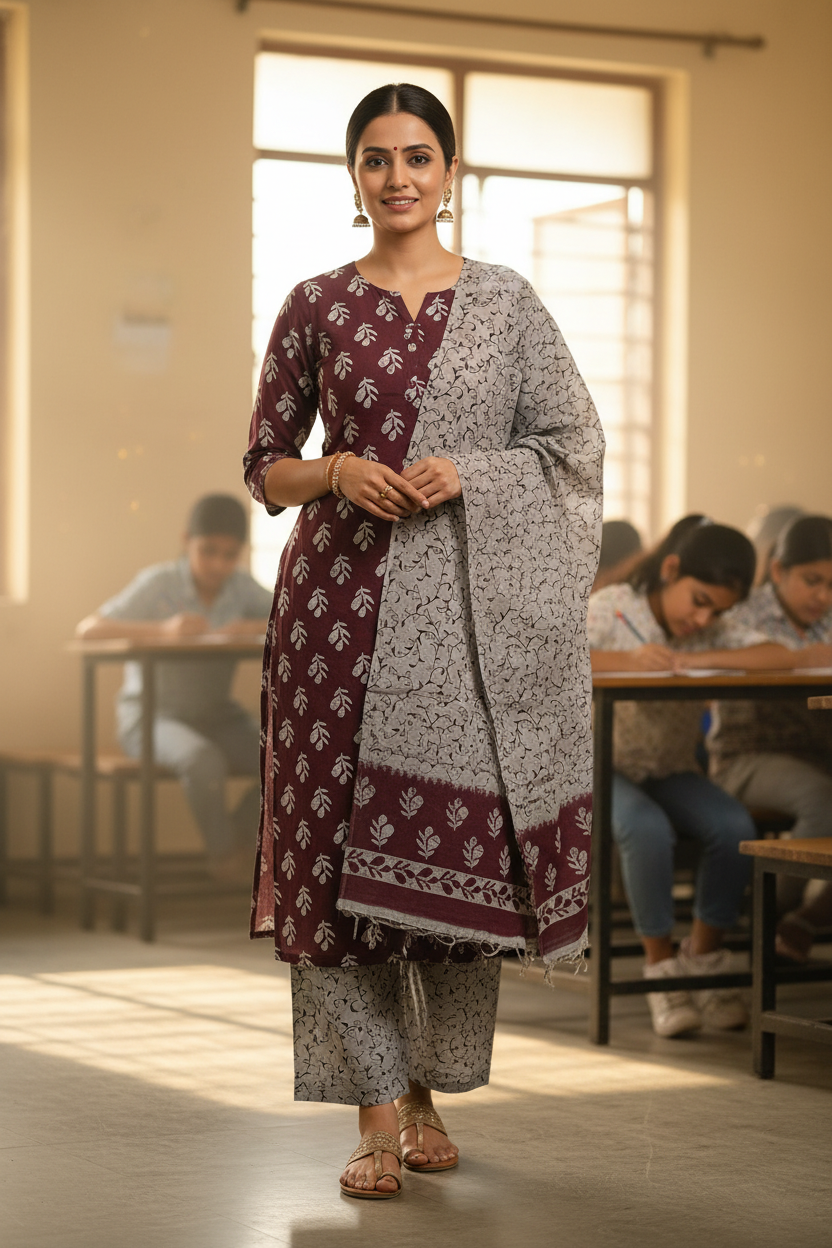 NAZAARA PLUM IVORY PURE COTTON SUIT